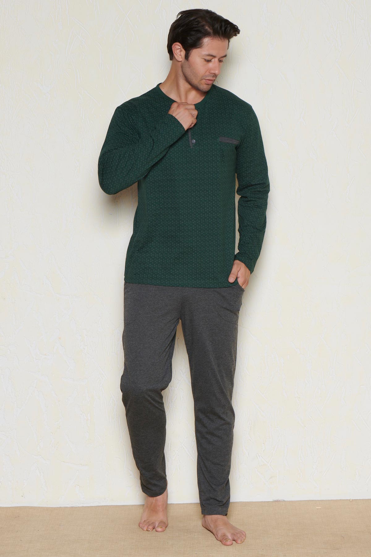 Pınarca Erkek Pijama Takımı Uzun Kollu Düğmeli Desenli Altı Düz - Yeşil - Thumbnail