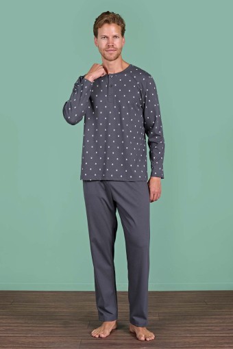 PINARCA EV GİYİM - Pınarca Erkek Pijama Takımı Uzun Kollu Düğmeli Desenli Pamuklu - Füme