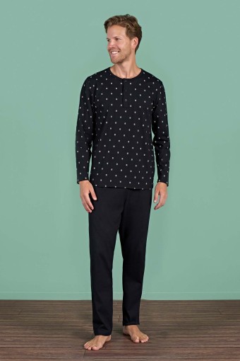 PINARCA EV GİYİM - Pınarca Erkek Pijama Takımı Uzun Kollu Düğmeli Desenli Pamuklu - Siyah