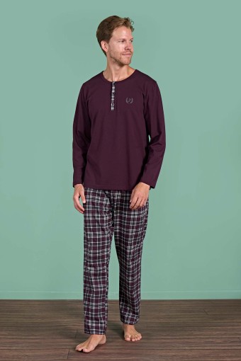 PINARCA EV GİYİM - Pınarca Erkek Pijama Takımı Uzun Kollu Düğmeli Ekoseli Pamuklu Eşli - Bordo