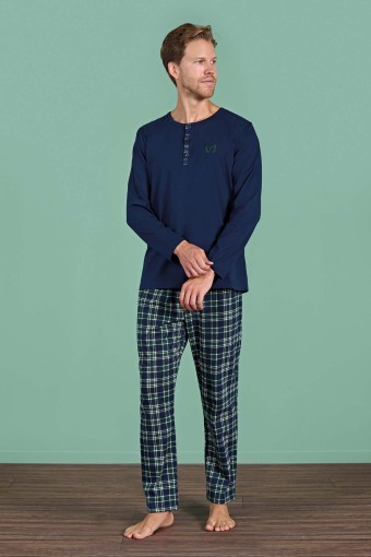 PINARCA EV GİYİM - Pınarca Erkek Pijama Takımı Uzun Kollu Düğmeli Ekoseli Pamuklu Eşli - Lacivert
