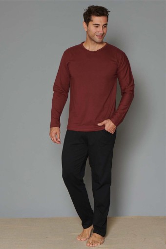 PINARCA EV GİYİM - Pınarca Erkek Pijama Takımı Uzun Kollu Düz Pamuklu - Bordo