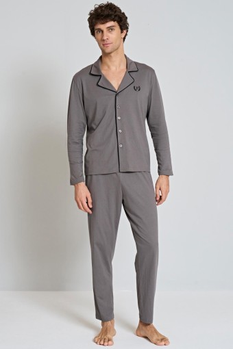 PINARCA EV GİYİM - Pınarca Erkek Pijama Takımı Uzun Kollu Gömlek Yaka Büyük Beden - Gri