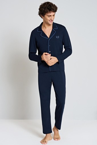 PINARCA EV GİYİM - Pınarca Erkek Pijama Takımı Uzun Kollu Gömlek Yaka Büyük Beden - Lacivert