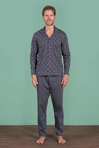 PINARCA EV GİYİM - Pınarca Erkek Pijama Takımı Uzun Kollu Gömlek Yaka Desenli Pamuklu - Füme