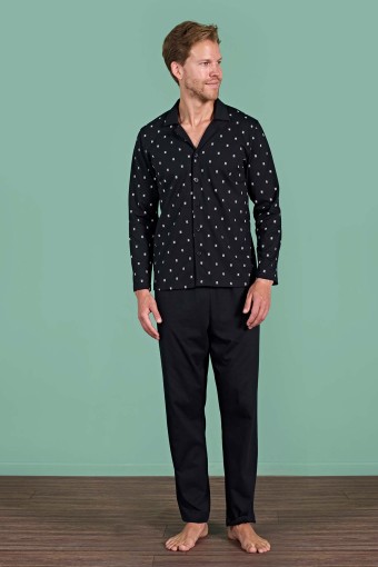 PINARCA EV GİYİM - Pınarca Erkek Pijama Takımı Uzun Kollu Gömlek Yaka Desenli Pamuklu - Siyah
