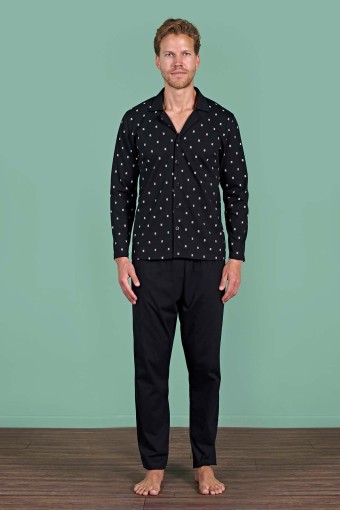 PINARCA EV GİYİM - Pınarca Erkek Pijama Takımı Uzun Kollu Gömlek Yaka Desenli Pamuklu - Siyah (1)