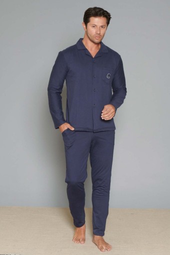 PINARCA EV GİYİM - Pınarca Erkek Pijama Takımı Uzun Kollu Gömlek Yaka Düz Yaka Cepli Pamuklu - Lacivert (1)