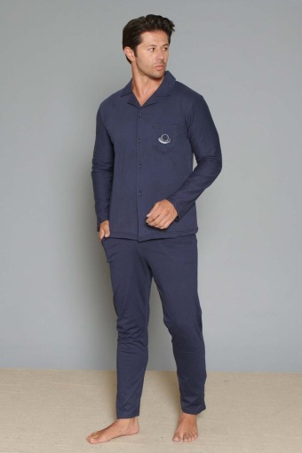 PINARCA EV GİYİM - Pınarca Erkek Pijama Takımı Uzun Kollu Gömlek Yaka Düz Yaka Cepli Pamuklu - Lacivert