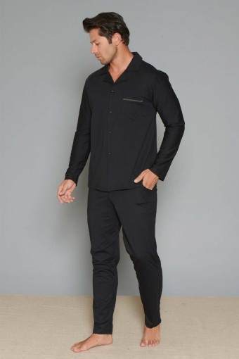 PINARCA EV GİYİM - Pınarca Erkek Pijama Takımı Uzun Kollu Gömlek Yaka Düz Yaka Çizgili Cepli Pamuklu - Siyah (1)