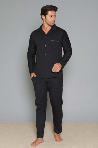 PINARCA EV GİYİM - Pınarca Erkek Pijama Takımı Uzun Kollu Gömlek Yaka Düz Yaka Çizgili Cepli Pamuklu - Siyah