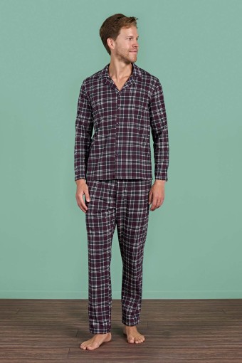 PINARCA EV GİYİM - Pınarca Erkek Pijama Takımı Uzun Kollu Gömlek Yaka Ekoseli Pamuklu Eşli - Bordo