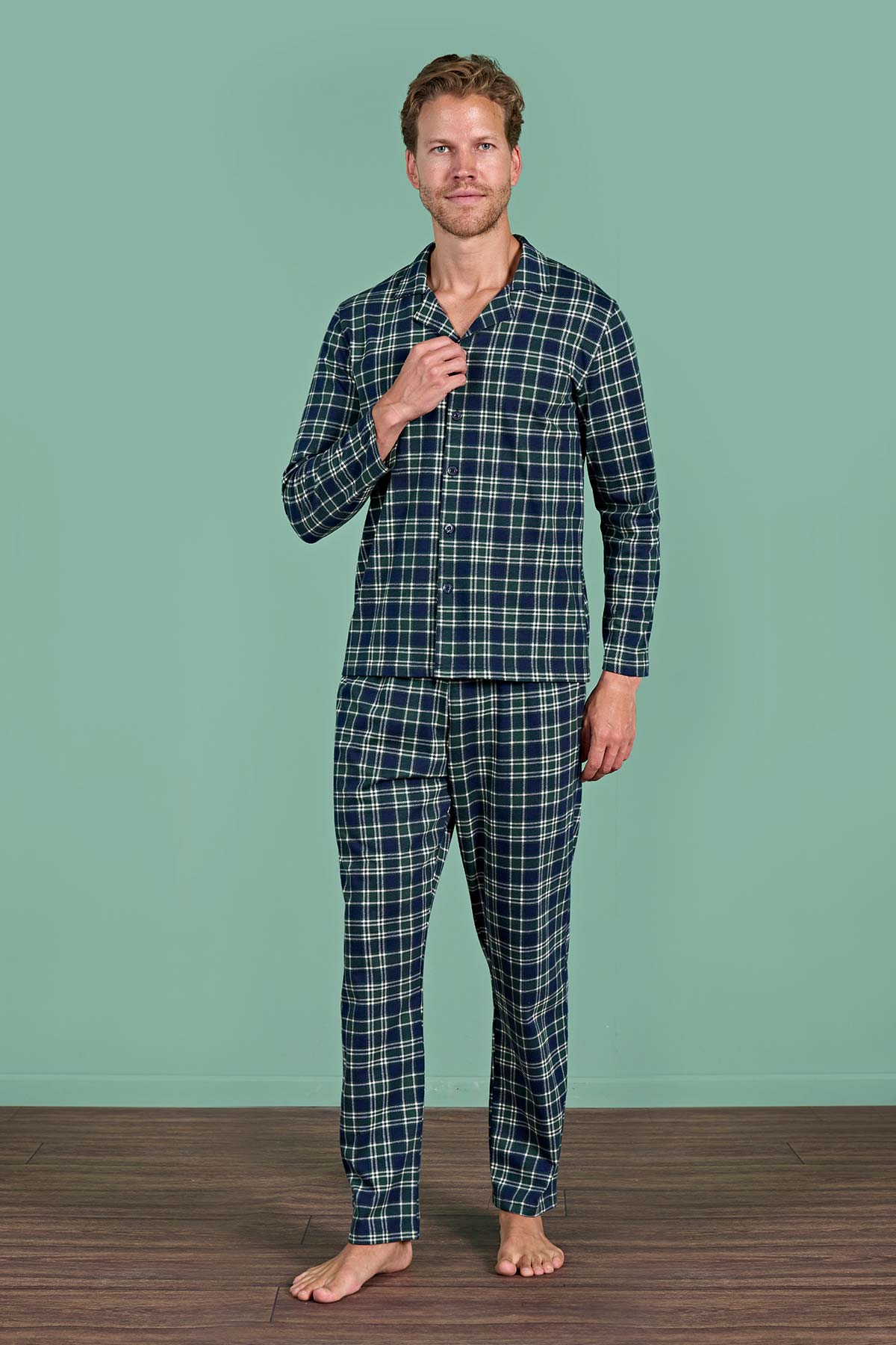 Pınarca Erkek Pijama Takımı Uzun Kollu Gömlek Yaka Ekoseli Pamuklu Eşli - Bordo - Thumbnail