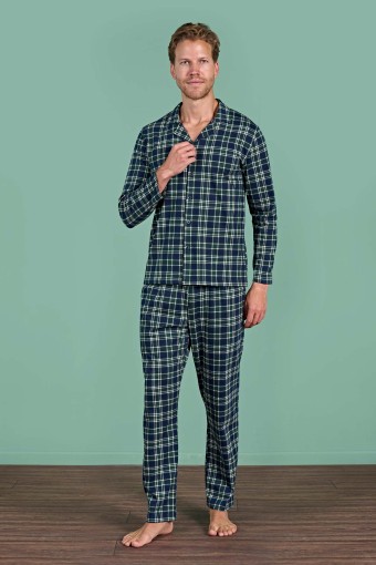 PINARCA EV GİYİM - Pınarca Erkek Pijama Takımı Uzun Kollu Gömlek Yaka Ekoseli Pamuklu Eşli - Lacivert