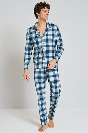 PINARCA EV GİYİM - Pınarca Erkek Pijama Takımı Uzun Kollu Gömlek Yaka Penye Kareli Büyük Beden - Mavi