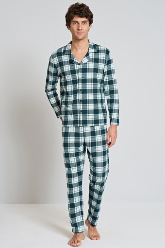 PINARCA EV GİYİM - Pınarca Erkek Pijama Takımı Uzun Kollu Gömlek Yaka Penye Kareli Büyük Beden - Yeşil