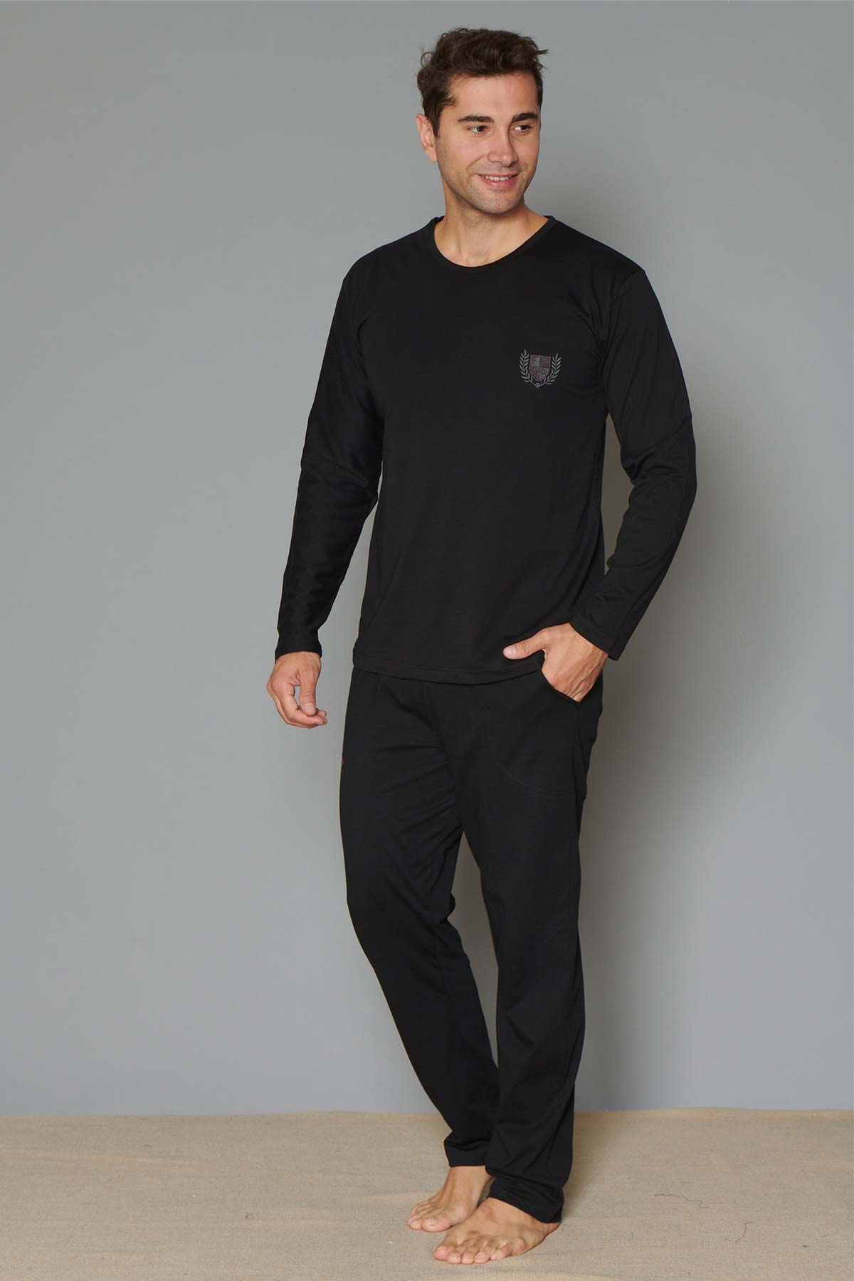 Pınarca Erkek Pijama Takımı Uzun Kollu Pamuklu Büyük Beden - Antrasit - Thumbnail