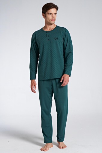 PINARCA EV GİYİM - Pınarca Erkek Pijama Takımı Uzun Kollu Düğmeli Desenli Büyük Beden - Yeşil