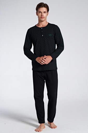 PINARCA EV GİYİM - Pınarca Erkek Pijama Takımı Uzun Kollu Düğmeli Desenli Pamuklu - Siyah