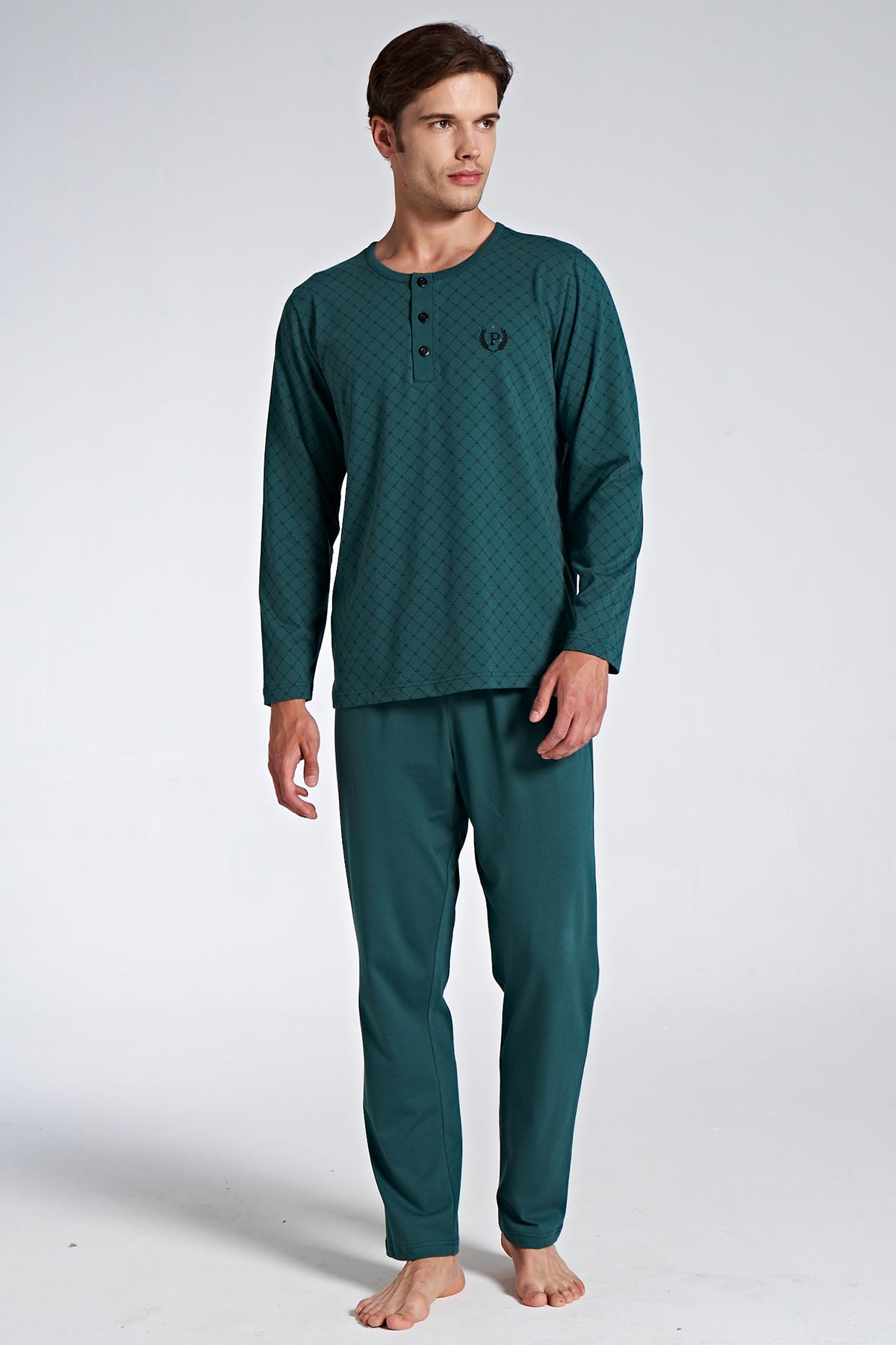 Pınarca Erkek Pijama Takımı Uzun Kollu Düğmeli Desenli Pamuklu - Siyah - Thumbnail