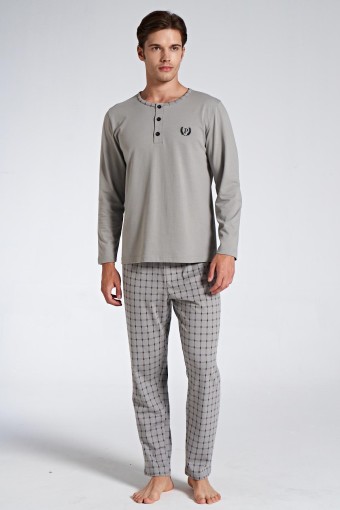 PINARCA EV GİYİM - Pınarca Erkek Pijama Takımı Uzun Kollu Düğmeli Kareli Pamuklu - Gri