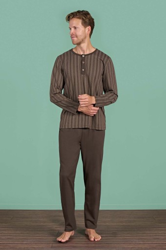 PINARCA EV GİYİM - Pınarca Erkek Pijama Takımı Uzun Kollu Üst Çizgili Düğmeli Pamuklu - Kahve