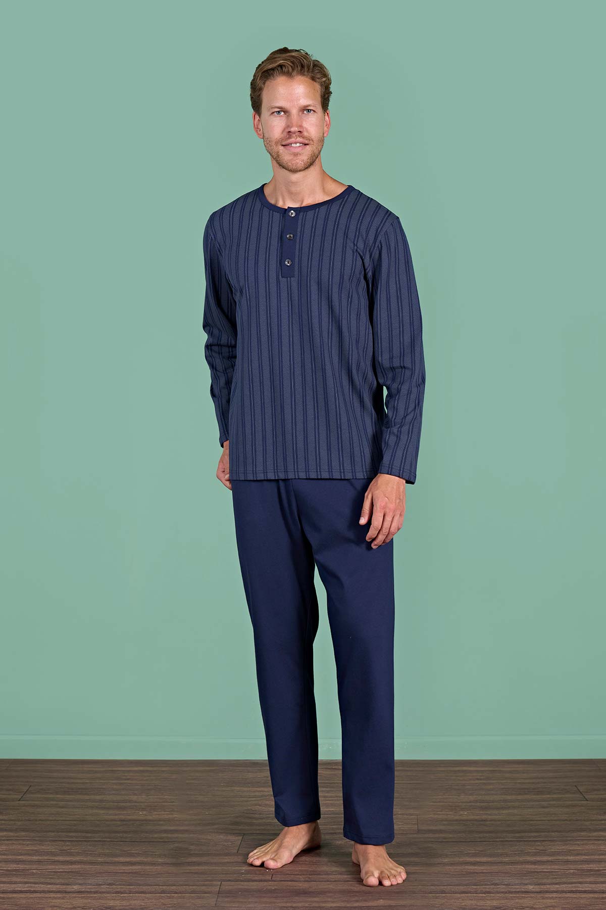 Pınarca Erkek Pijama Takımı Uzun Kollu Üst Çizgili Düğmeli Pamuklu - Kahve - Thumbnail