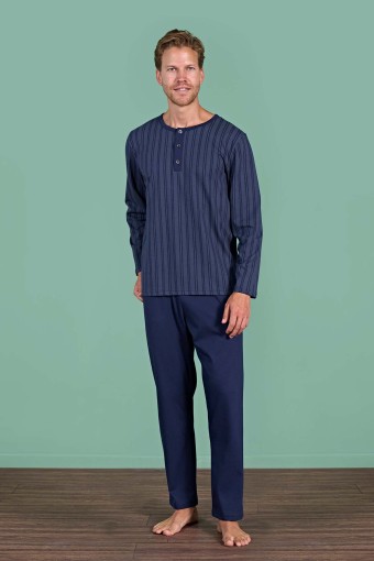 PINARCA EV GİYİM - Pınarca Erkek Pijama Takımı Uzun Kollu Üst Çizgili Düğmeli Pamuklu - Lacivert