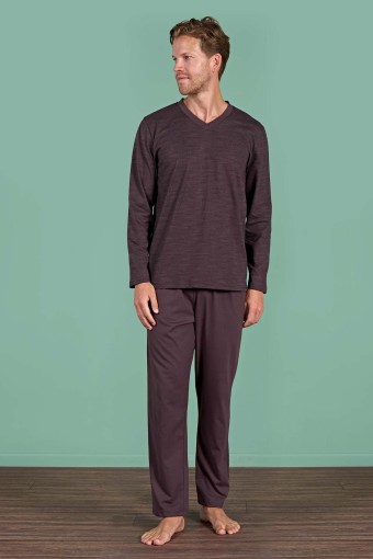 PINARCA EV GİYİM - Pınarca Erkek Pijama Takımı Uzun Kollu V Yaka Büyük Beden Pamuklu - Kahve