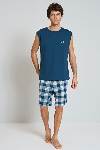 PINARCA EV GİYİM - Pınarca Erkek Şortlu Pijama Takımı Bisiklet Yaka Sıfır Kol Kareli - Mavi