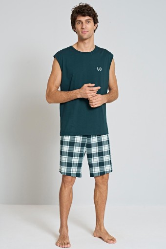 PINARCA EV GİYİM - Pınarca Erkek Şortlu Pijama Takımı Bisiklet Yaka Sıfır Kol Kareli - Yeşil