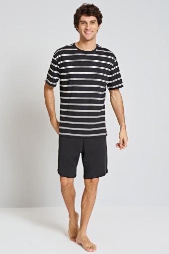 PINARCA EV GİYİM - Pınarca Erkek Şortlu Pijama Takımı Kısa Kollu Bisiklet Yaka Çizgili - Füme