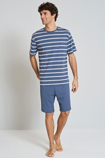 PINARCA EV GİYİM - Pınarca Erkek Şortlu Pijama Takımı Kısa Kollu Bisiklet Yaka Çizgili - Mavi