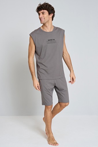 PINARCA EV GİYİM - Pınarca Erkek Şortlu Pijama Takımı Sıfır Kol Bisiklet Yaka - Gri