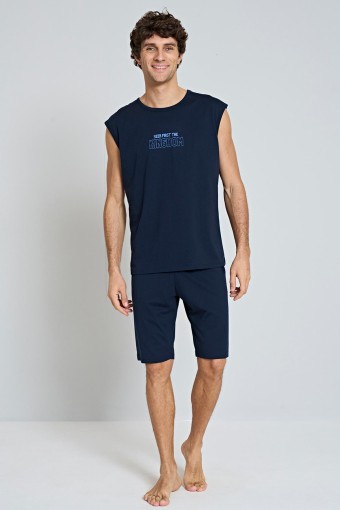 PINARCA EV GİYİM - Pınarca Erkek Şortlu Pijama Takımı Sıfır Kol Bisiklet Yaka - Lacivert