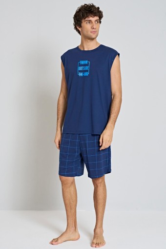 PINARCA EV GİYİM - Pınarca Erkek Şortlu Pijama Takımı Sıfır Kol Bisiklet Yaka - Mavi