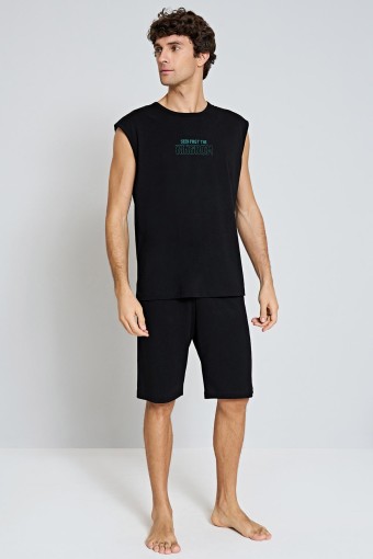 PINARCA EV GİYİM - Pınarca Erkek Şortlu Pijama Takımı Sıfır Kol Bisiklet Yaka - Siyah