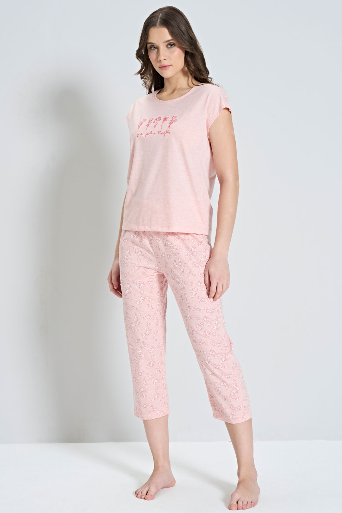 Pınarca Kadın Büyük Beden Kapri Takımı Kısa Kollu Çiçek Desenli - Mavi - Thumbnail