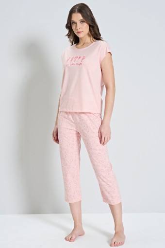PINARCA EV GİYİM - Pınarca Kadın Büyük Beden Kapri Takımı Kısa Kollu Çiçek Desenli - Pembe