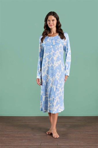 PINARCA EV GİYİM - Pınarca Kadın Gecelik Uzun Kollu Çiçekli Büyük Beden 3 Düğmeli Melisa - Mavi