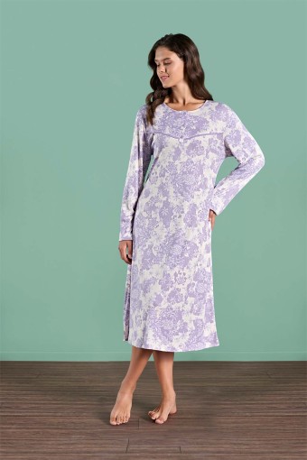 PINARCA EV GİYİM - Pınarca Kadın Gecelik Uzun Kollu Çiçekli Büyük Beden 3 Düğmeli Melisa - Mor