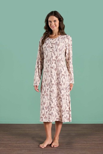 PINARCA EV GİYİM - Pınarca Kadın Gecelik Uzun Kollu Düğmeli Desenli Zakkum Kumaş - Kahve