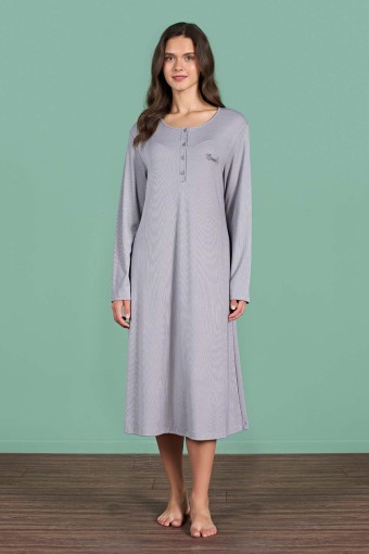 PINARCA EV GİYİM - Pınarca Kadın Gecelik Uzun Kollu Düğmeli Düz Melisa - Gri