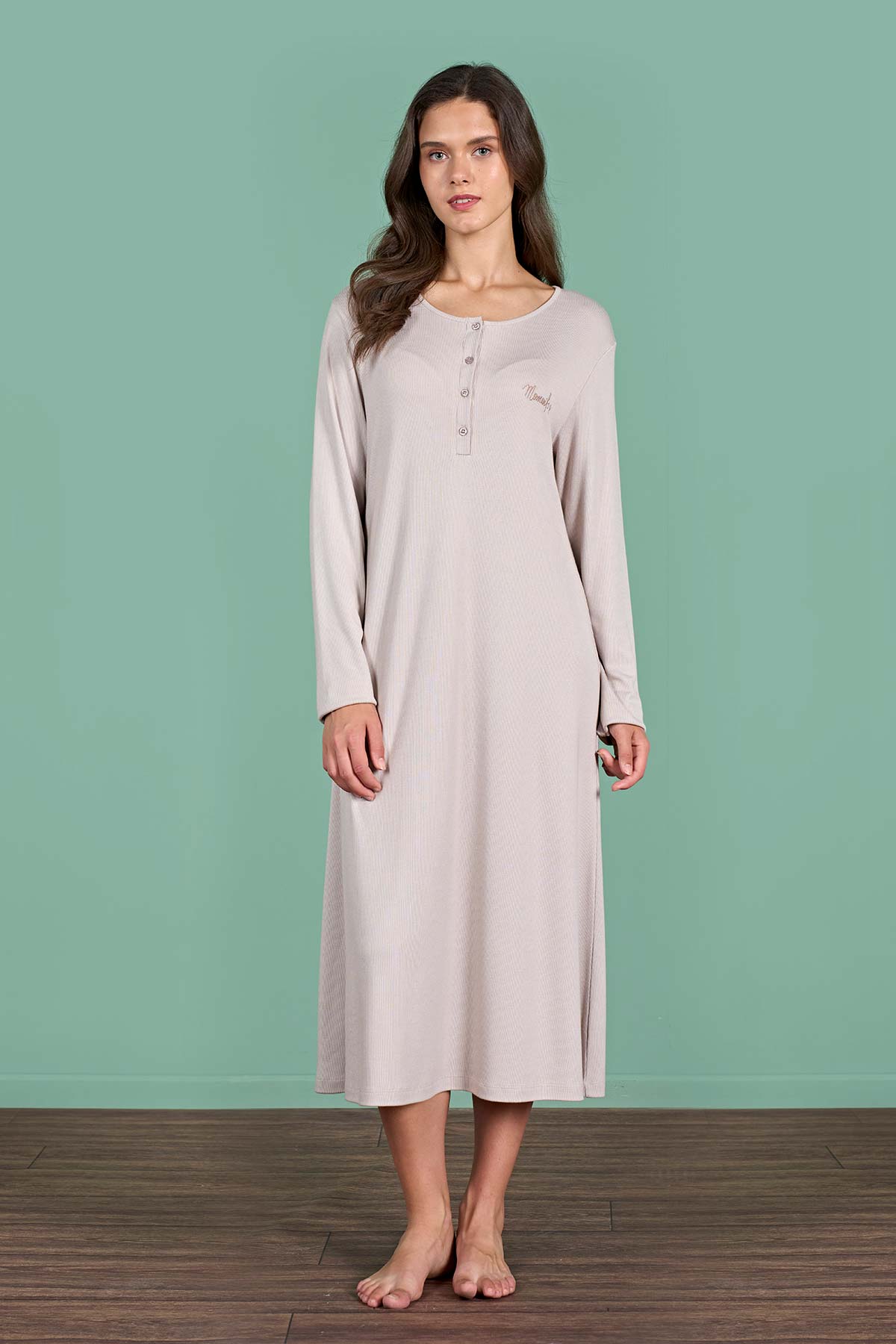 Pınarca Kadın Gecelik Uzun Kollu Düğmeli Düz Melisa - Gri - Thumbnail