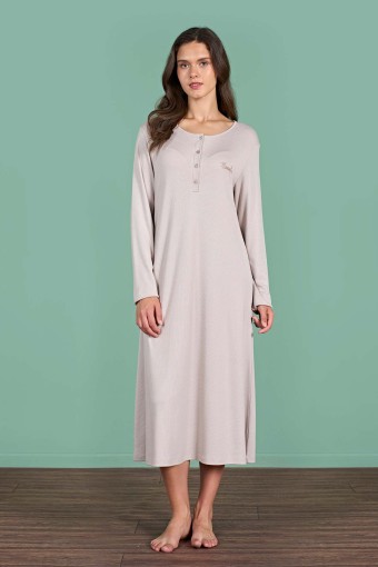 PINARCA EV GİYİM - Pınarca Kadın Gecelik Uzun Kollu Düğmeli Düz Melisa - Vizon