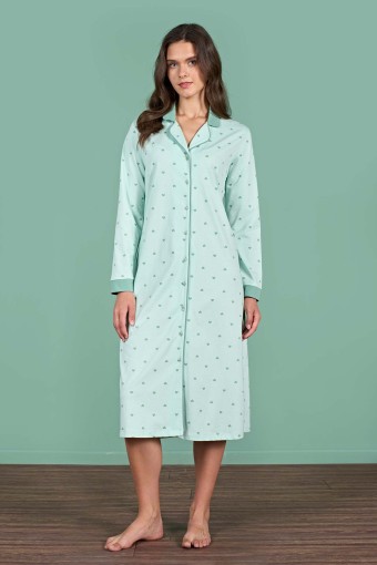 PINARCA EV GİYİM - Pınarca Kadın Gecelik Uzun Kollu Gömlek Yaka Kalp Desenli Pamuklu - Mint Yeşili