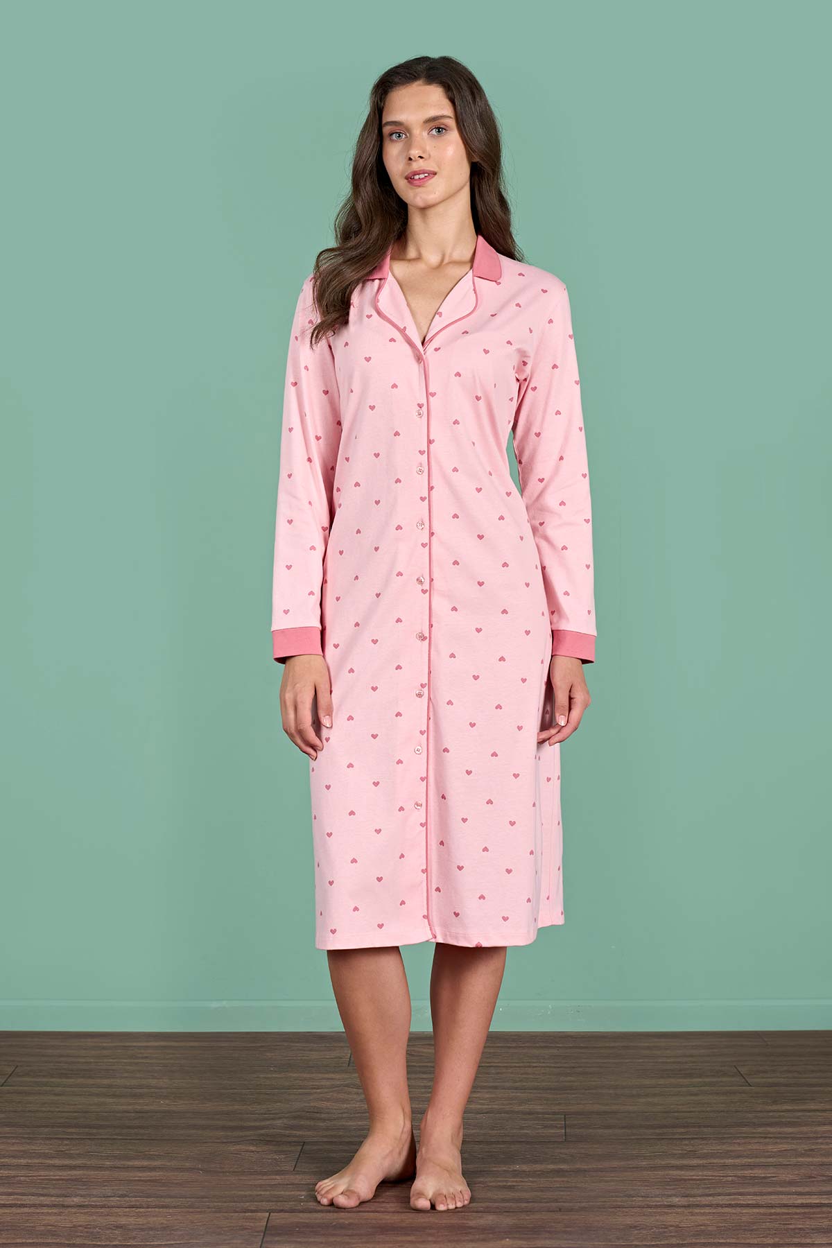 Pınarca Kadın Gecelik Uzun Kollu Gömlek Yaka Kalp Desenli Pamuklu - Mint Yeşili - Thumbnail