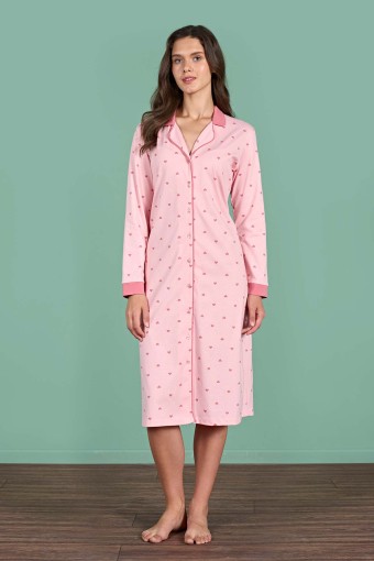 PINARCA EV GİYİM - Pınarca Kadın Gecelik Uzun Kollu Gömlek Yaka Kalp Desenli Pamuklu - Pembe