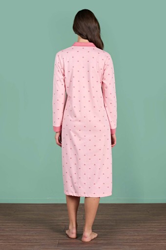 PINARCA EV GİYİM - Pınarca Kadın Gecelik Uzun Kollu Gömlek Yaka Kalp Desenli Pamuklu - Pembe (1)