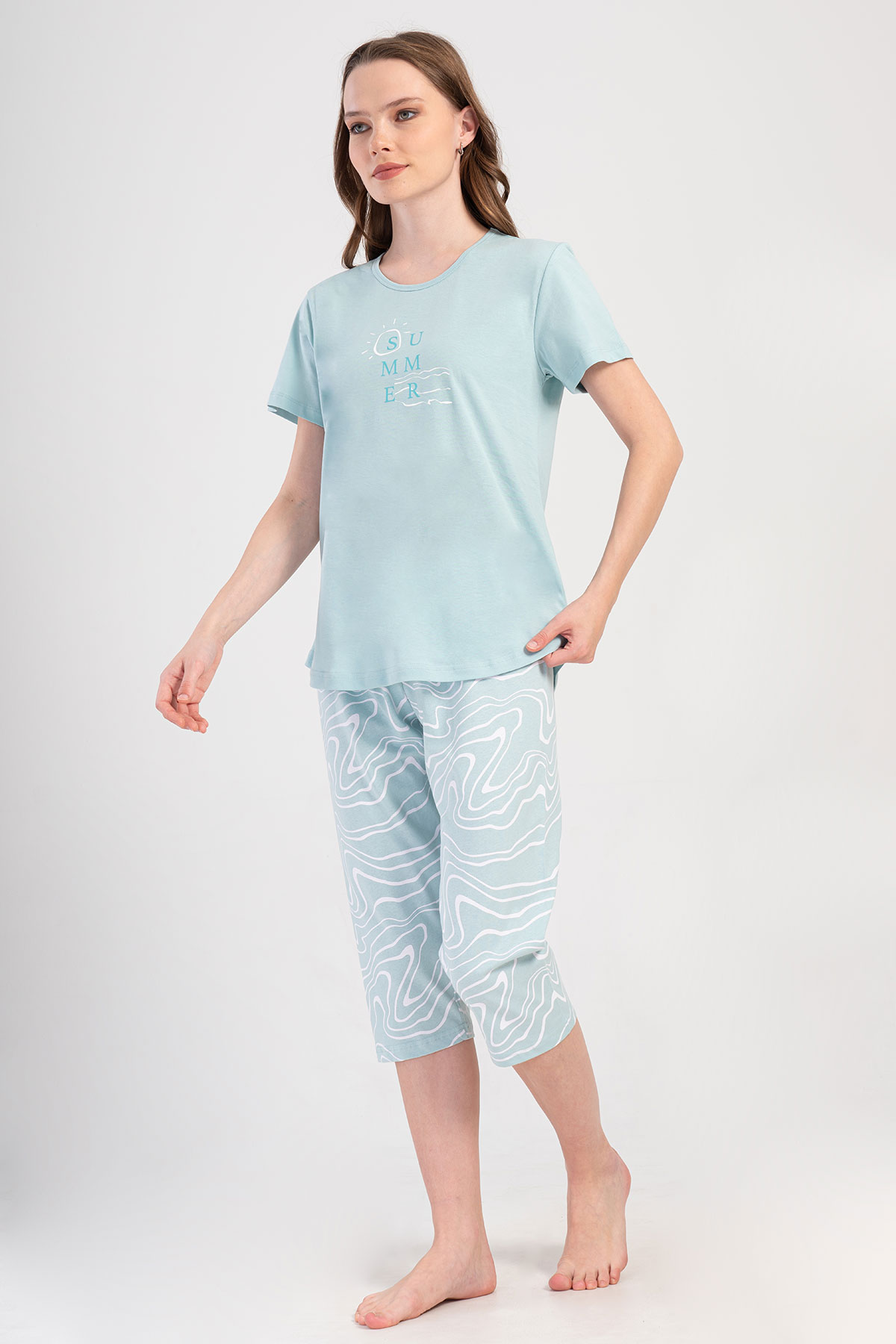 Pınarca Kadın Kapri Takım Büyük Beden Kısa Kollu Pamuklu Bisiklet Yaka Desenli - Mint Yeşili - Thumbnail